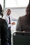 A black businessman leading a meeting standing at a white board.