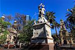 Simon Bolivar liberator fountain, lush trees, blue sky, Plaza de Armas, Santiago Centro, Santiago de Chile, Chile, South America