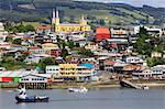 Castro, from the sea, Iglesia San Francisco de Castro, UNESCO World Heritage Site, fishing boats, Isla Grande de Chiloe, Chile, South America