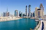 Dubai skyline from Dubai Water Canal, Business Bay, Dubai, United Arab Emirates, Middle East