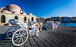 Horse carriages Mosque, Venetian Harbour, Chania, Crete, Greek Islands, Greece, Europe