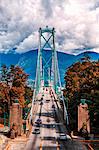 Traffic over Lions Gate Bridge in the autumn, Vancouver British Columbia, Canada, North America