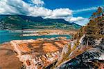 Elevated view of lumber yard in How Sound near Fury Creek near Squamish, British Columbia, Canada, North America