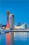 Port Tower and Maritime Museum at dusk, Kobe, Kansai, Japan, Asia