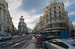 View of traffic on Gran Via at early evening, Madrid, Spain, Europe