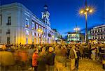 View of Real Casa de Correos and Easter Parade in Puerta del Sol at dusk, Madrid, Spain, Europe