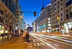 View of architecture and trail lights on Gran Via at dusk, Madrid, Spain, Europe