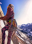 Woman rock climbing, Cardinal Pinnacle, Bishop, California, USA