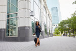 Businesswoman with wheeled luggage