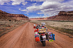 Motorcycle on trad climbing route, Indian Creek, Moab, Utah, USA