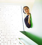 Portrait smiling high school girl in stairway