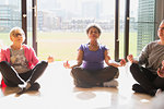 Serene active seniors meditating in sunny window