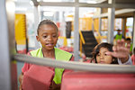 Girls playing at construction exhibit in science center