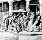 1800s ANTI-SUFFRAGE CARTOON SHOWING WOMEN RUNNING FOR OFFICE WEARING PANTS BOOTS SMOKING CIGARETTE ATTACKING MAN HOLDING BABY