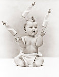 1930s BABY WEARING CLOTH DIAPER SITTING JUGGLING THREE GLASS BABY BOTTLES OF MILK