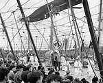 1930s 1940s 1950s INTERIOR OF BIG TOP CIRCUS TENT SHOWING AUDIENCE WATCHING PERFORMERS AND ELEPHANTS PARADE AROUND THREE RINGS