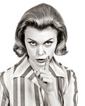 1960s WOMAN ARCHED EYEBROWS POINTING HER FINGER AS WARNING WEARING STRIPED BLOUSE DARK CIRCLES UNDER HER EYES LOOKING AT CAMERA