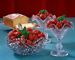 1950s RED RIPE STRAWBERRIES IN CUT GLASS SERVING BOWL AND DESSERT CUPS ALONG WITH SLICES OF POUND CAKE