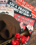 1910s WORLD WAR I STILL LIFE OF POPULAR SHEET MUSIC ARMY CAMPAIGN HAT BRASS BUGLE AND RED-FLOWERED CORN POPPIES Papaver rhoeas