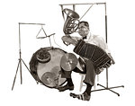 1930s ONE-MAN-BAND PLAYING ACCORDION FRENCH HORN DRUMS