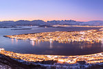 The city of Troms seen from Fjellheisen at dusk, Troms county, Norway, Scandinavia, Europe