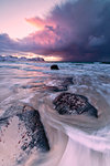 Sunset on the rough sea, Vikten, Flakstad municipality, Lofoten Islands, Nordland, Norway, Europe