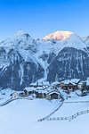Winter sunrise at Latsch, Bergun, Albula Valley, District of Prattigau/Davos, Canton of Graubunden, Switzerland, Europe