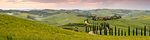 Panoramic view of sunset over the Agriturismo Baccoleno and winding path with cypress trees, Asciano in Tuscany, Italy, Europe