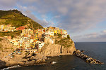 Afternoon sun and colourful buildings by sea in Manarola, Cinque Terre, UNESCO World Heritage Site, Liguria, Italy, Europe