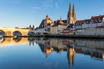 View to the Cathedral of St. Peter, the Stone Bridge and the Bridge Tower, Regensburg, Bavaria, Germany, Europe