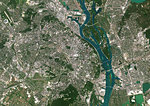 Color satellite image of Kiev, capital city of Ukraine. Kiev is located on both sides of the Dnieper River. Image collected on August 11, 2017 by Sentinel-2 satellites.