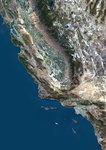 Color satellite image of San Francisco to Los Angeles, California, United States. The Sierra Nevada runs north to south parallel to the coast. It is home to three national parks, i.e. Yosemite, Sequoia, and Kings Canyon National Parks. Image collected on May 1, 2017 by Sentinel-2 satellites.