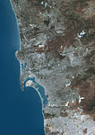 Color satellite image of San Diego, California, United States. The city lies on the coast of the Pacific Ocean in Southern California and immediately adjacent to the border with Mexico and the city of Tijuana at south. Image collected on June 13, 2017 by Sentinel-2 satellites.