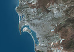Color satellite image of San Diego, California, United States. The city lies on the coast of the Pacific Ocean in Southern California. Image collected on June 13, 2017 by Sentinel-2 satellites.