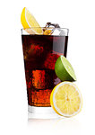Glass of cold cola soda drink with lime and lemon on white background
