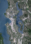 Color satellite image of Seattle, Washington, United States. It is a seaport city located between the Puget Sound to the west and Lake Washington to the east. Image collected on August 31, 2017 by Sentinel-2 satellites.