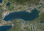 Color satellite image of Lake Ontario, North America. Image collected on May 1, 2016 by Landsat 8 satellite.