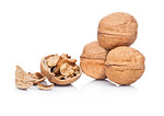 Raw walnuts with shell on white background with reflection