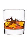 Elegant glass of whiskey with ice cubes isolated on white background