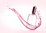 Luxury pink liquid  perfume bottle with splashes on pink background