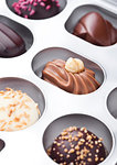 Assortment of luxury white and dark chocolate candies variety in silver plastick tray