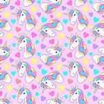Seamless pattern with colorful unicorn and hearts on white background.