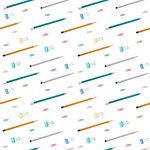 Flat lay with bright stationery supplies on white background. Seamless pattern. Back to school