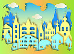 Building of big city and clouds. Vector illustration. Paper art style