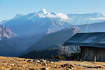 Yurt overlooking majestic mountain range, Jaikuni, Indian Himalayan Foothills