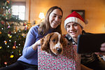 Brother and sister taking selfie with dog in Christmas gift box