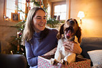 Happy teenage girl with yawning dog in Christmas gift box