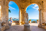 Villa Cimbrone, Ravello, Amalfi coast, Salerno, Campania, Italy. Girl sitting in the temple of Ceres Goddess