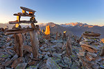 Cairns on summit of Petersköpfl, Zillertal Alps, Tyrol, Schwaz district, Austria.