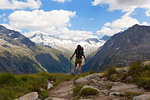 A hiker observes Hochfeiler group , Zillertal Alps, Tyrol, Schwaz district, Austria.